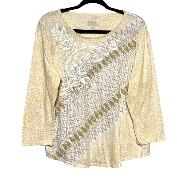 Chico's Tops - Chico's‎ Size 2 Soft Girl Embroidered Top Womens Large Parisian Coastal Grandma